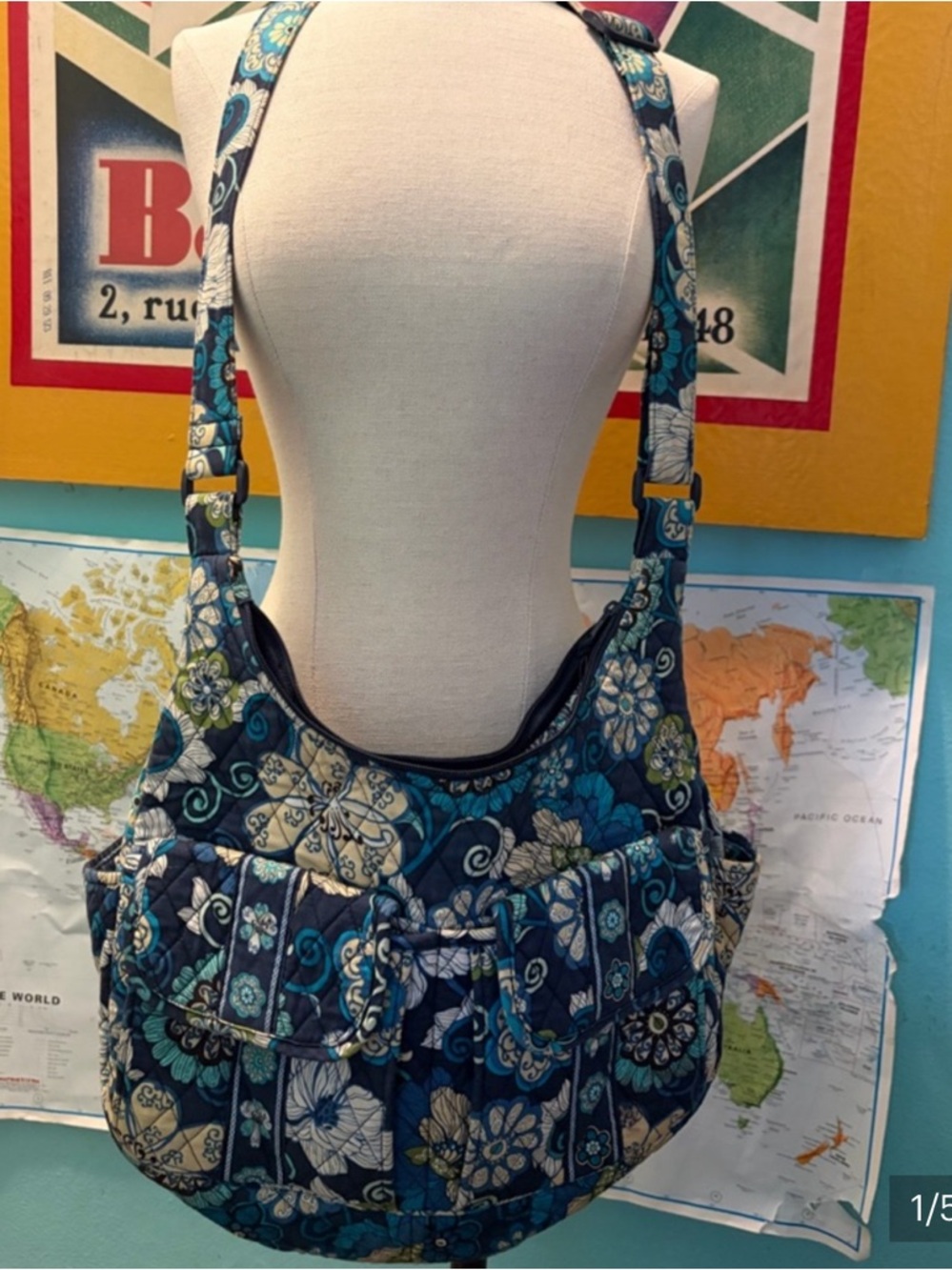 Vera Bradley Teal Navy Floral Quilted Shoulder Bag